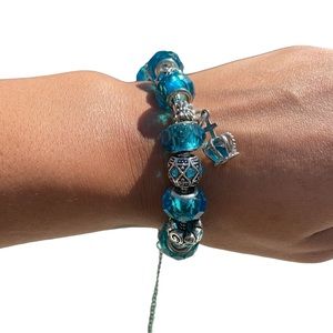 Blue Stone Beaded Cross and Crown Bracelet